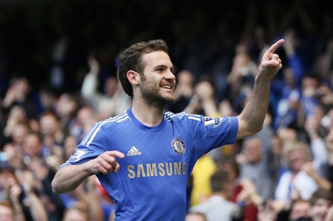 Chelsea's Mata celebrates after scoring against Everton during their English Premier League soccer match at Stamford Bridge in London