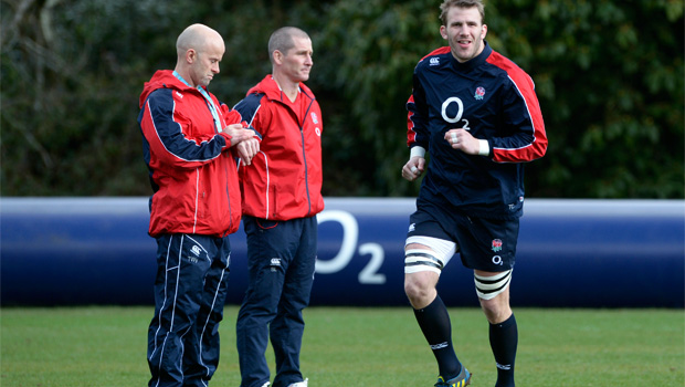 England coach Stuart Lancaster with team in training