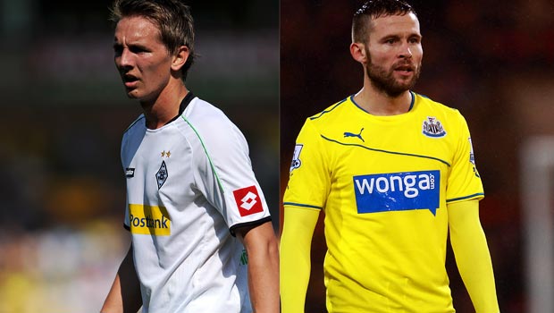 Borussia Monchengladbach striker Luuk de Jong and Yohan Cabaye Newcastle