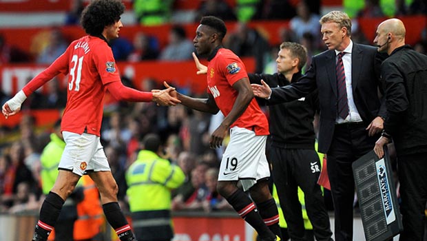 Marouane Fellaini with manager David Moyes