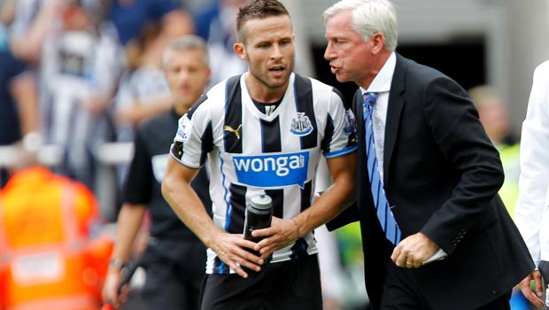 Alan Pardew Newcastle United manager with Yohan Cabaye