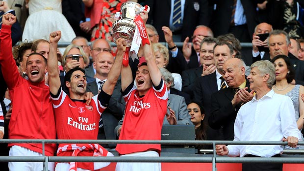 Mikel Arteta Arsenal celebrate with the FA Cup trophy