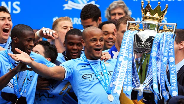 Vincent Kompany Manchester City captain lifts the premier league trophy