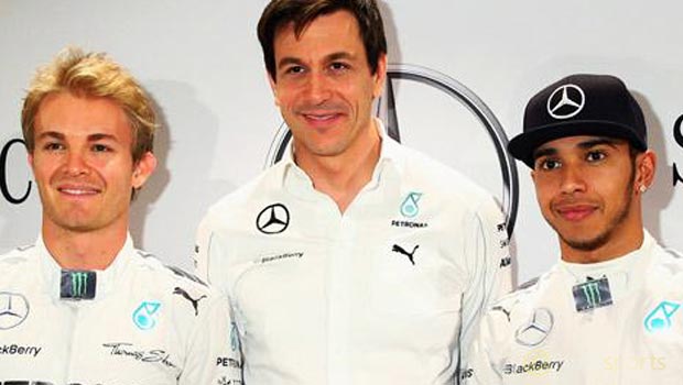 Mercedes boss Toto Wolff with Lewis Hamilton and Nico Rosberg