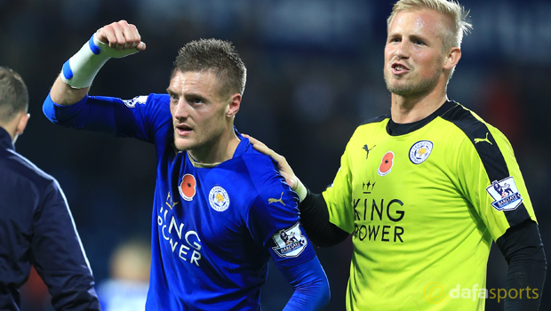 Leicester City Kasper Schmeichel and Jamie Vardy