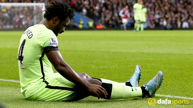 Manchester City Wilfried Bony sits injured 