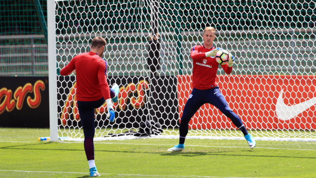 England's Jack Butland and Joe Hart - England Training